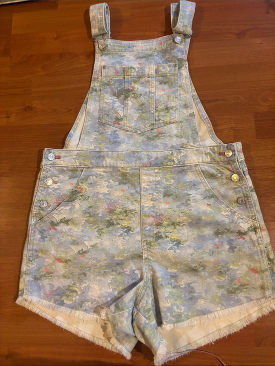 Pilcro Pants - Pilcro Floral-Print Denim Short Overalls in Light Blue & Green